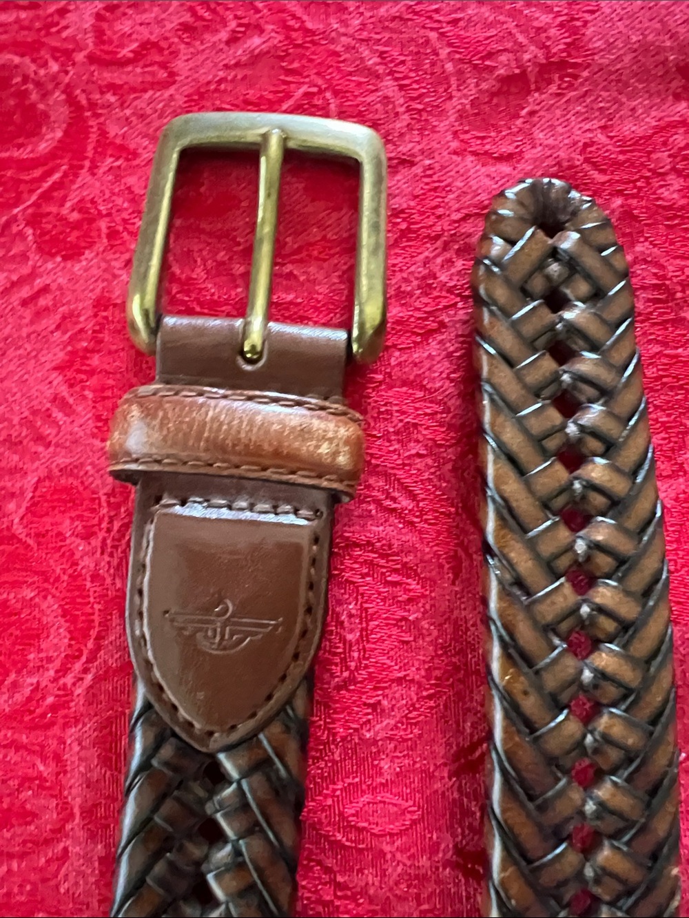 Dockers Woven Leather Belt Men 32 Brown Braided Genuine Leather Solid Brass